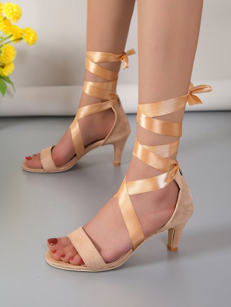 Fashion Tie-up Pencil Cone Heels Strappy Sandals, Apricot, Sandals