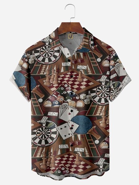 Casino Chest Pocket Short Sleeve Casual Shirt, Brown, Men Shirts