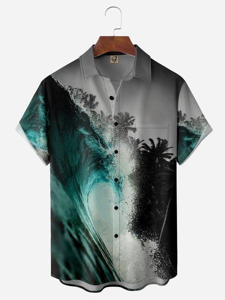 Coconut Tree Chest Pocket Short Sleeves Hawaiian Shirts, Gray, Men Shirts