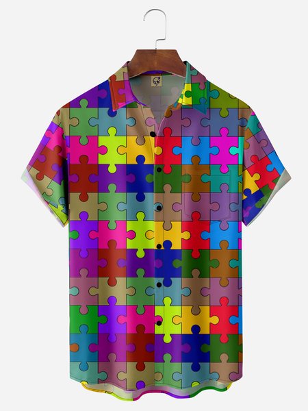Gradient Color Puzzle Chest Pocket Short Sleeve Casual Shirt, Purple, Men Shirts