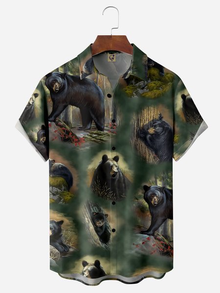 Brown Bear Chest Pocket Short Sleeve Casual Shirt, Green, Men Shirts
