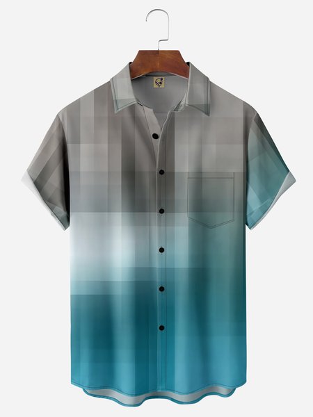Gradient Geo Chest Pocket Short Sleeve Casual Shirt, Blue, Men Shirts
