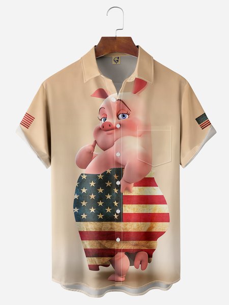 American Flag Fun Pig Chest Pocket Short Sleeve Casual Shirt, Khaki, Men Shirts