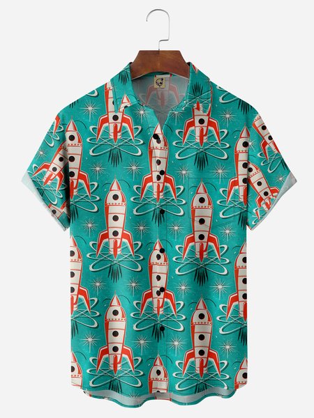 Art Rocket Chest Pocket Short Sleeve Casual Shirt, Green, Men Shirts