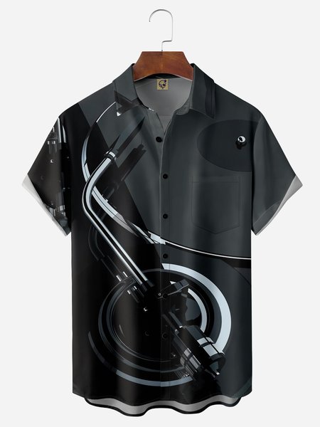 Gramophone Music Chest Pocket Short Sleeves Casual Shirts, Black, Men Shirts