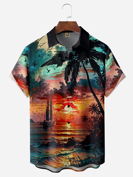 Coastal Scenery Chest Pocket Short Sleeve Hawaiian Shirt, Black, Men Shirts