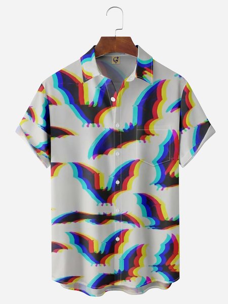 Halloween BatChat Chest Pocket Short Sleeve Casual Shirt, Gray, Men Shirts