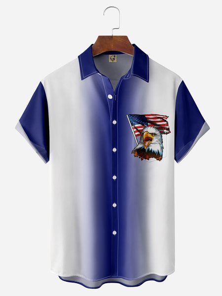 American Flag Eagle Chest Pocket Short Sleeve Bowling Shirt, Blue, Men Shirts