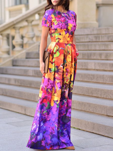 Floral Vacation Crew Neck Regular Fit Dress, Flower, Maxi Dresses