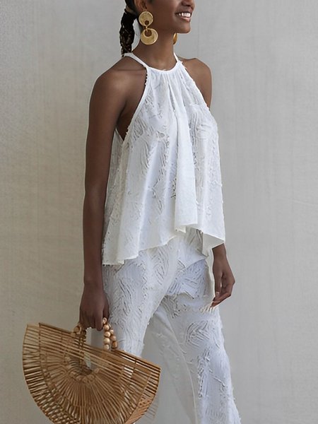 Halter Loose Plain Vacation Tank Top, White, Tanks and Camis