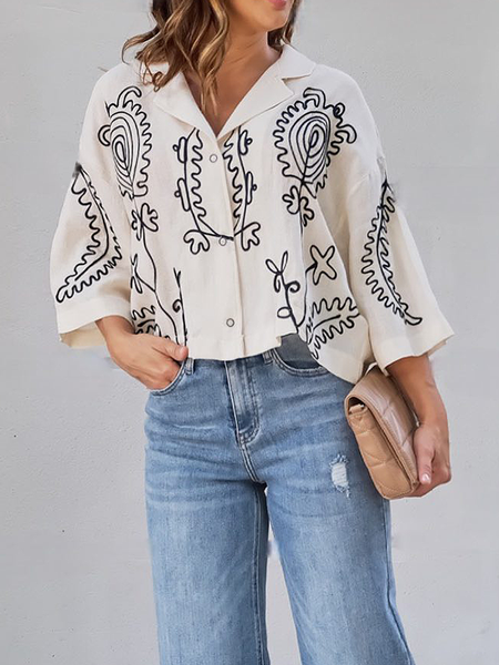 Lapel Collar Urban Abstract Loose Short sleeve Blouse, Apricot, Blouses and Shirts