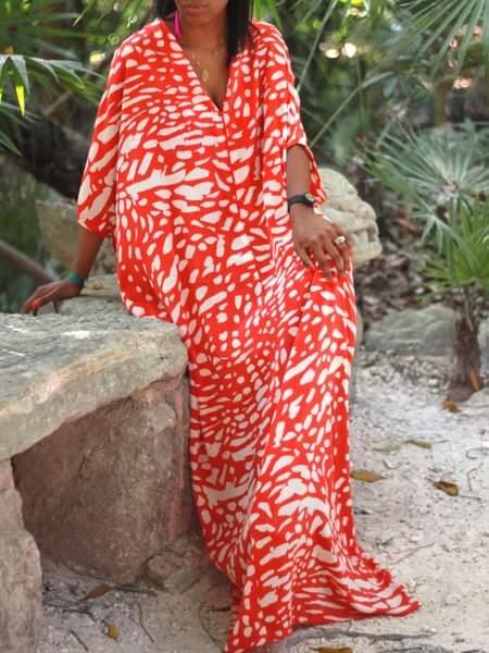V Neck Oversize Vacation Abstract Polka Dots Dress, Orange red, Maxi Dresses