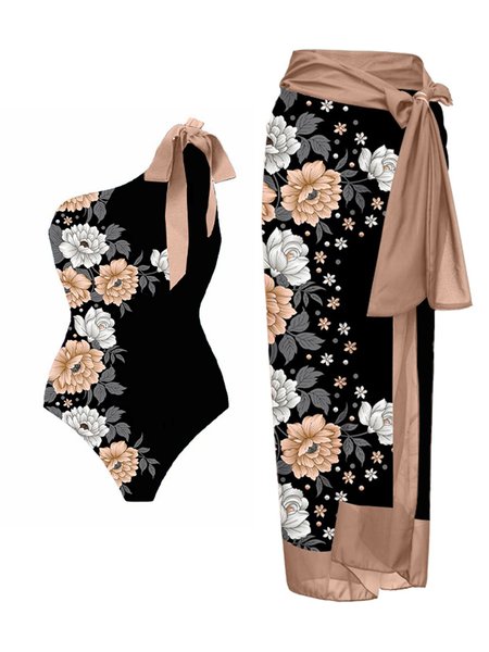 Casual Floral Printing One ShoulderOne Piece With Cover Up, Black, swimwear>>One-Pieces
Casual Floral Printing One ShoulderOne Piece With Cover Up, Black, swimwear>>One-Pieces