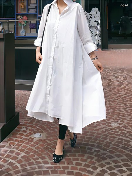 Shirt Collar Plain Loose Casual Dress, White, Midi Dresses