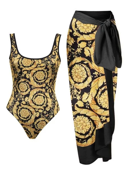 

Vacation Ethnic Printing Scoop Neck One Piece With Cover Up, Black-gold, swimwear>>Bikini Sets