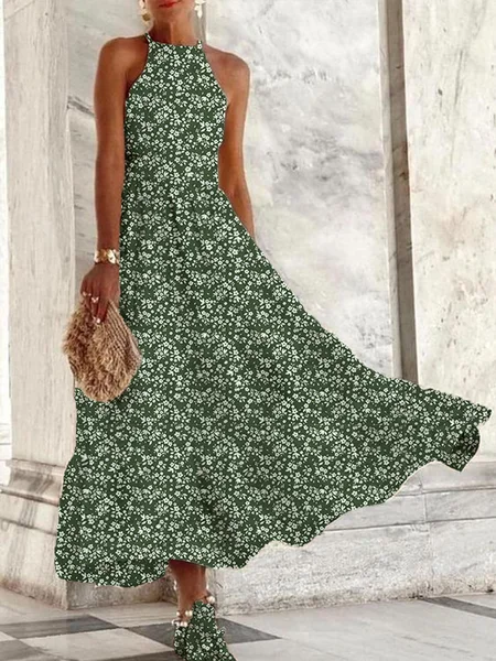 

Ditsy Floral women's holiday swing Boho Crew Neck Cotton Dress, Green, Dresses