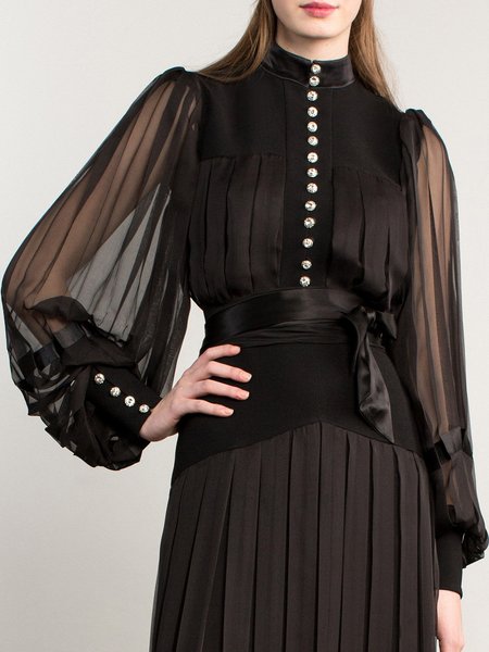 Elegant Buttoned Stand Collar Lantern Sleeve Blouse, Black, Blouses and Shirts
