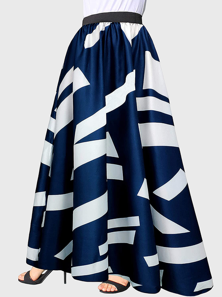 Lightweight Geometric Elegant Loose Long Daily Skirt, Navyblue, Skirts