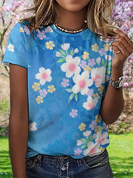 Women's Floral Print Casual T-Shirt, Blue, T-shirts