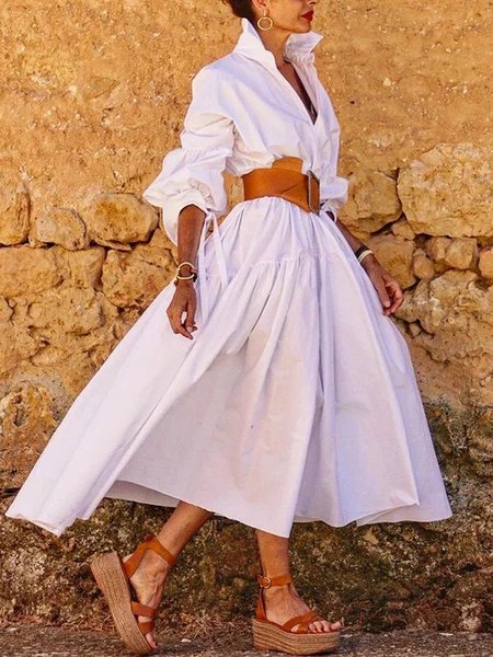 Casual Loose No Elasticity Shirt Dress Plain Dress, White, Maxi Dresses