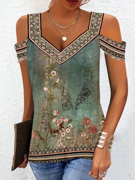 Hollow Out Casual Floral Printed V Neck Blouses, Green, Blouses