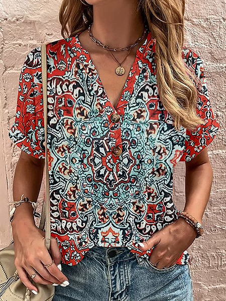 women's casual cotton linen Cotton Boho Shirt, Red, Shirts & Blouses