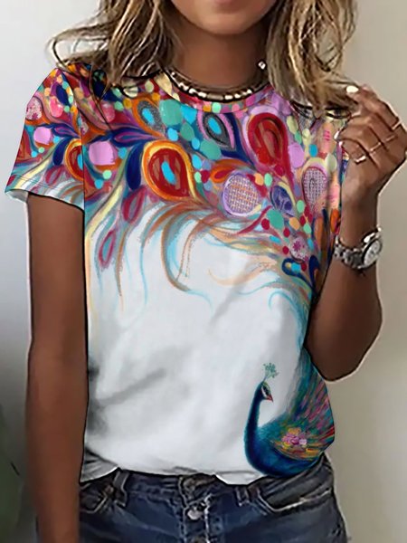 Women's Crew Neck Phoenix Print Casual T-Shirt, As picture, T-shirts