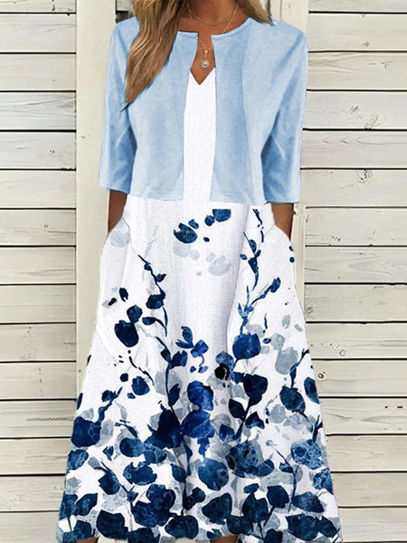 Casual Loose Crew Neck Floral Two-Piece Set, Blue, Suit Set
