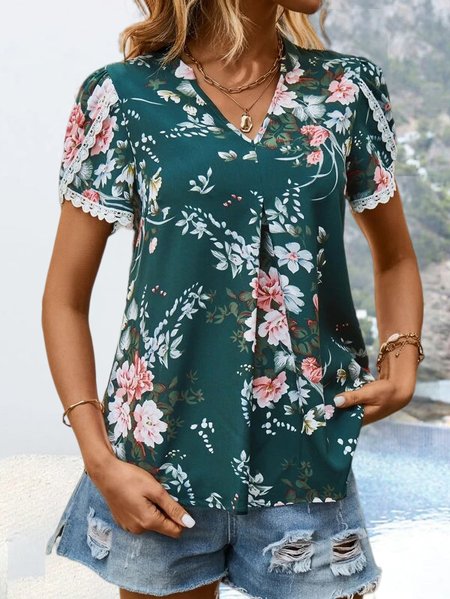 Petal Sleeve Casual Lace Edge Floral Lace Shirt, Green, Shirts & Blouses
