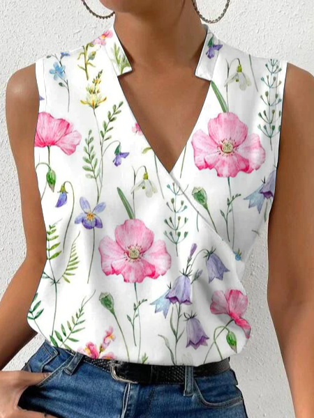 Loose V Neck Casual Tank Top, White, Tanks & Camis