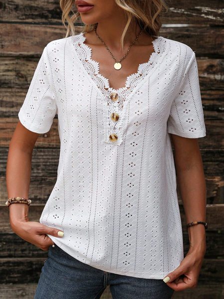 V Neck Plain Simple Shirt, White, Shirts & Blouses