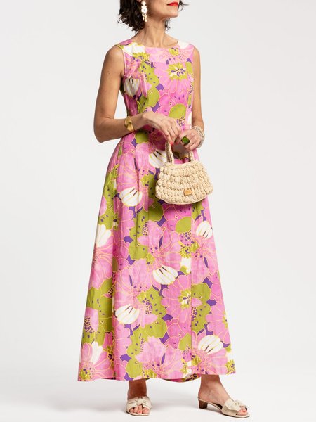 Vacation Regular Fit Floral Print Crew Neck Dress, Pink, Maxi Dresses