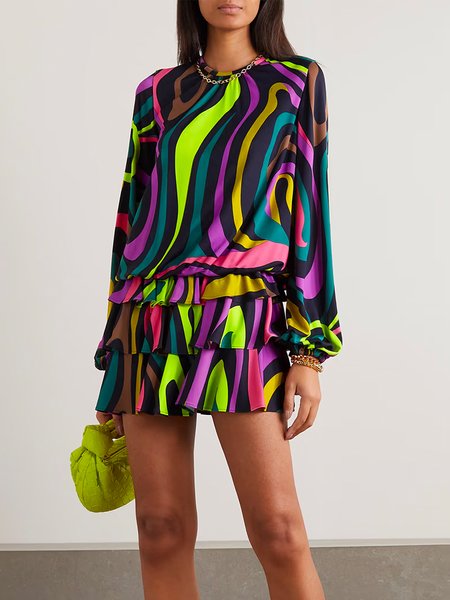 Regular Fit Elegant Crew Neck Abstract Mini Dress, Multicolor, Mini Dresses