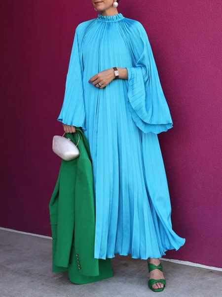 Stand Collar Elegant Loose Plain Pleated Dress, Blue, Maxi Dresses