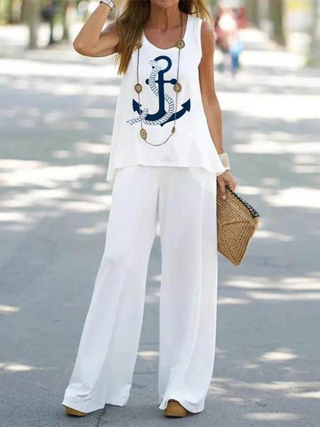 Comfy Print Scoop Neck Two Piece Set, White, Tops