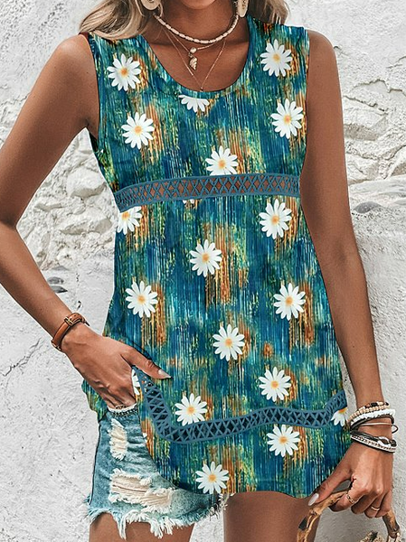 Crew Neck Floral Vacation Tank Top, Green, Tanks & Camis