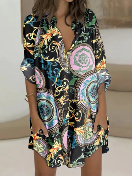 Ethnic Casual Shirt Collar Loosen Mini Dress, Multicolor, Mini Dresses