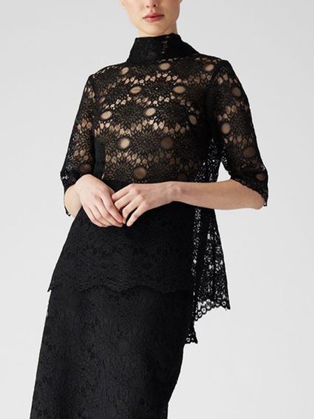 Stand Collar Elegant Regular Fit Shirt, Black, Blouses and Shirts
