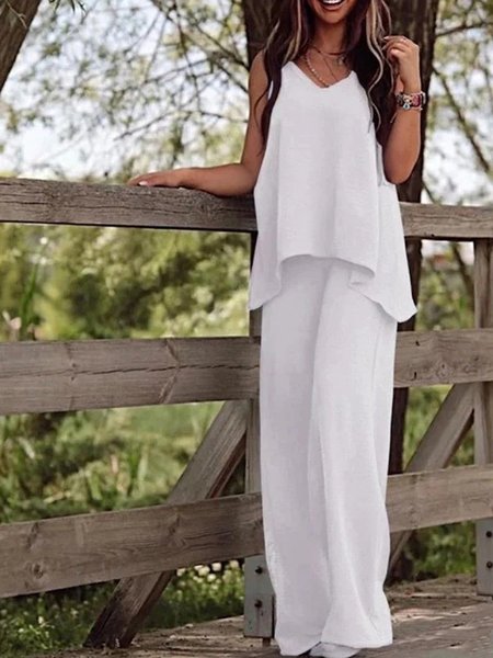 Plain Spaghetti Casual Two-Piece Set, White, Suit Set