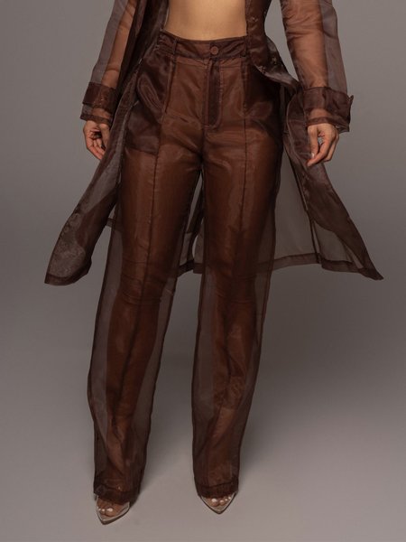 Regular Fit Elegant Plain Fashion Pants, Brown, Pants