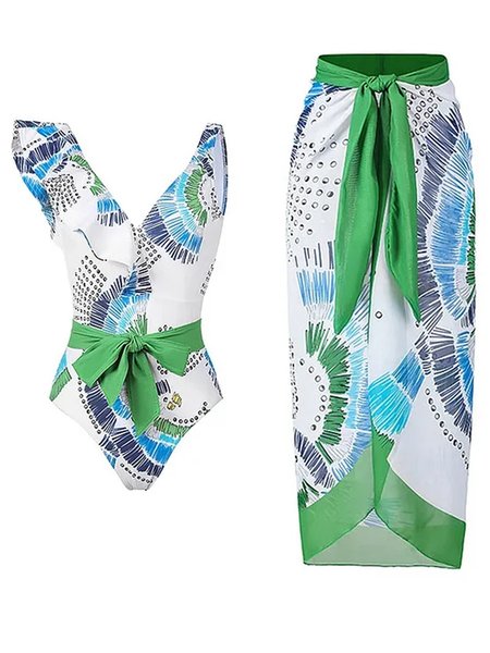 Vacation Abstract Printing One Piece With Cover Up, Green, Coverups