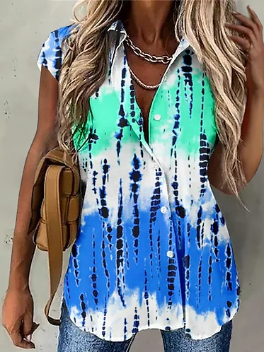Geometric Casual Shirt Collar Blouse, Cyan, Shirts & Blouses