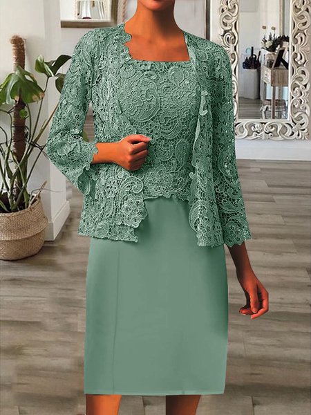 Elegant Lace Crew Neck Plain Two-Piece Set, Green, Formal Dresses
Elegant Lace Crew Neck Plain Two-Piece Set, Green, Formal Dresses