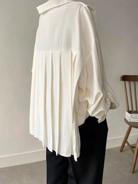 Urban Plain Shirt Collar Loose Blouse, White, Blouses and Shirts