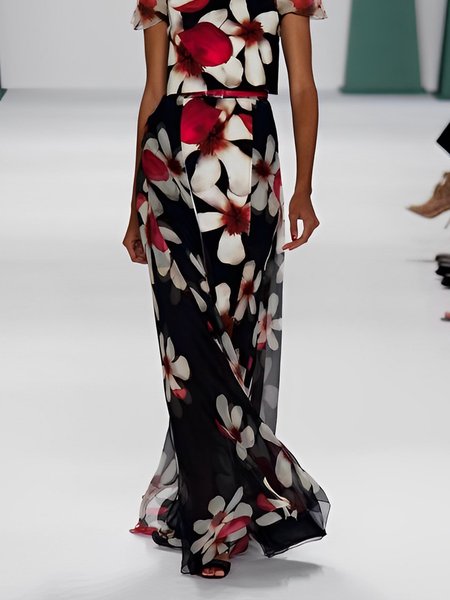 Regular Fit Floral Vacation Maxi Skirt, Black, Skirts