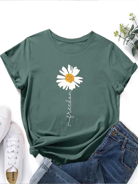 

Crew Neck Floral Vacation Loose Floral & Letter Graphic T-Shirt, Green, T-Shirts