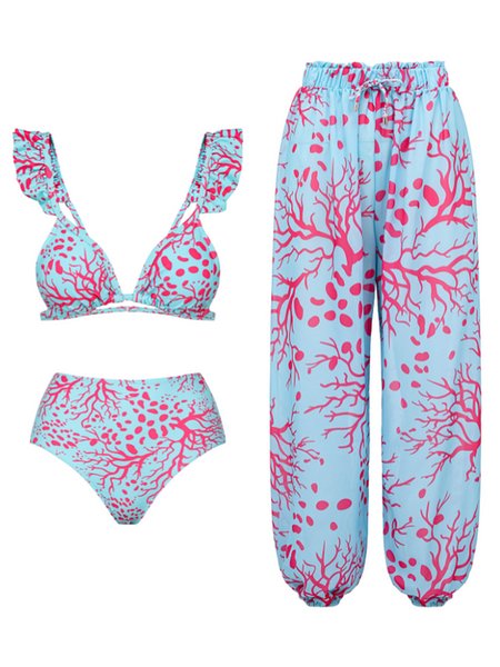 Vacation Abstract Printing V Neck Bikini With Cover Up, Blue, Coverups