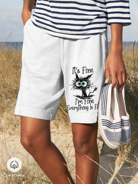 Loose Casual Cat Shorts, White, Shorts