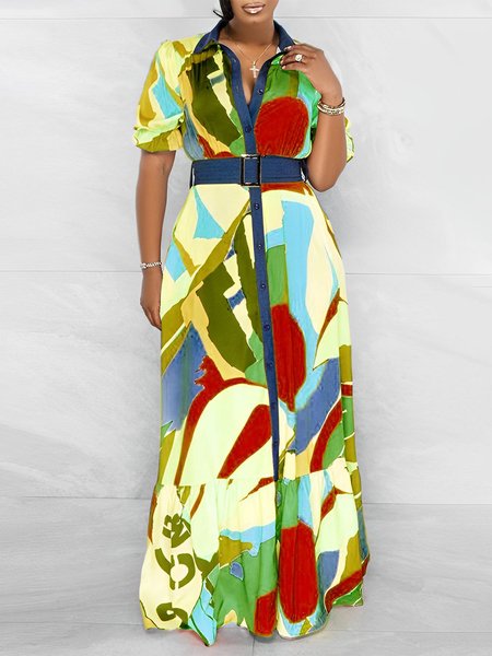 Shirt Collar Abstract Graphic Loose Urban Dress, As picture, Maxi Dresses