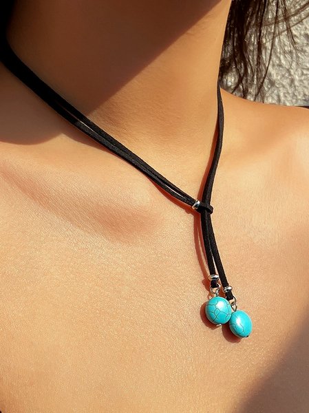 

Vintage Turquoise Leather Layered Necklace Western Style Ethnic Casual Women's Jewelry, As picture, Necklaces